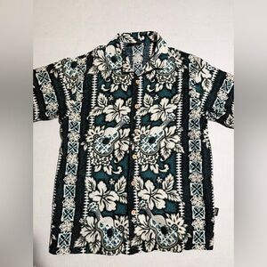 vtg odo brand‎ guitar print hawaiian ss button up shirt, men's medium #1248